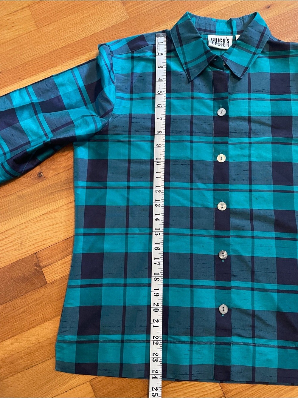 VTG Chico's Silk Blue & Teal Plaid Button-Down Shirt - Picture 5 of 7